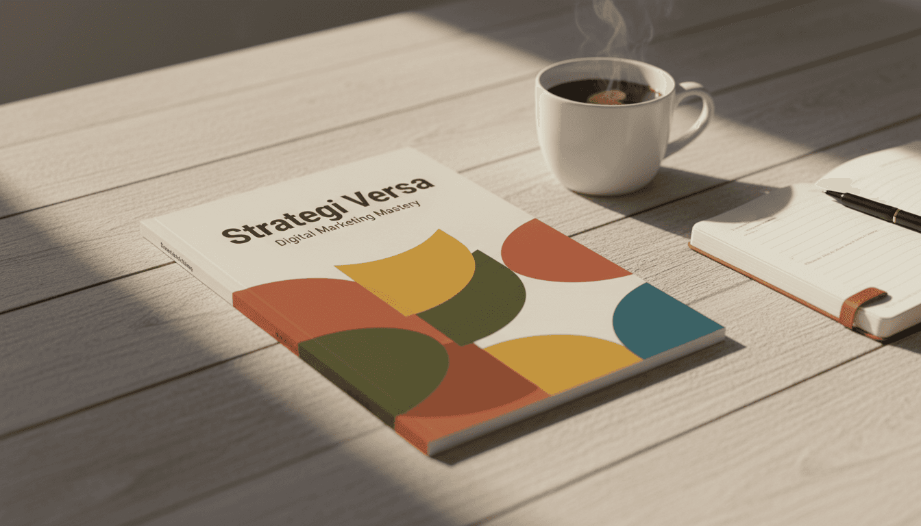Strategi Versa digital marketing ebook cover displayed on wooden desk with coffee