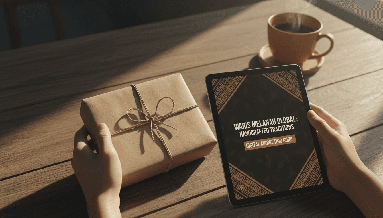 Hands holding Terendak snacks and digital marketing ebook with warm natural lighting