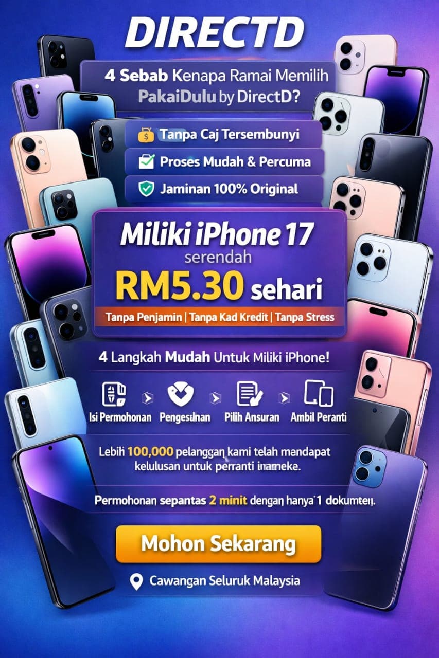 DirectD promotional poster featuring various iPhones with installment plans starting from RM5.30 per day.