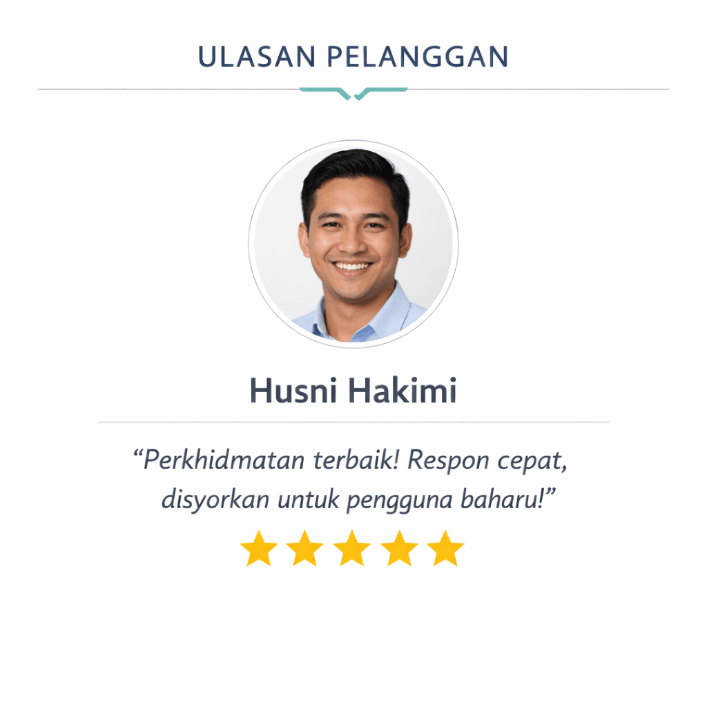 Customer review testimonial featuring Husni Hakimi's portrait, five stars, and a positive Malay quote.