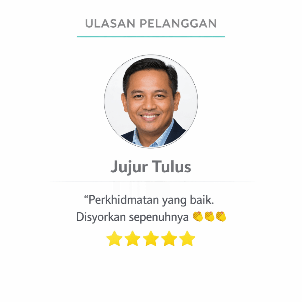 Five-star review by Jujur Tulus featuring a smiling man's portrait and positive quote.