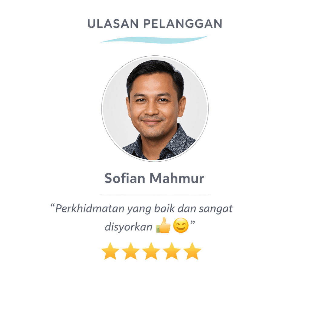 Customer review from Sofian Mahmur featuring a five-star rating and a positive testimonial.