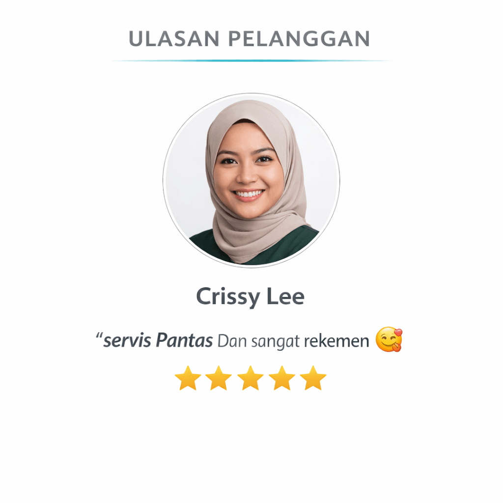 Five-star customer review by Crissy Lee featuring a smiling woman in a beige hijab.