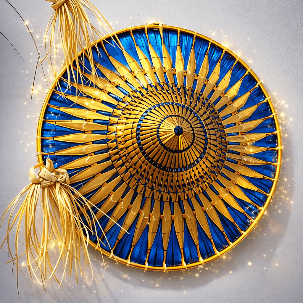 Intricately woven blue and gold conical hat with straw tassels and magical sparkling lights.