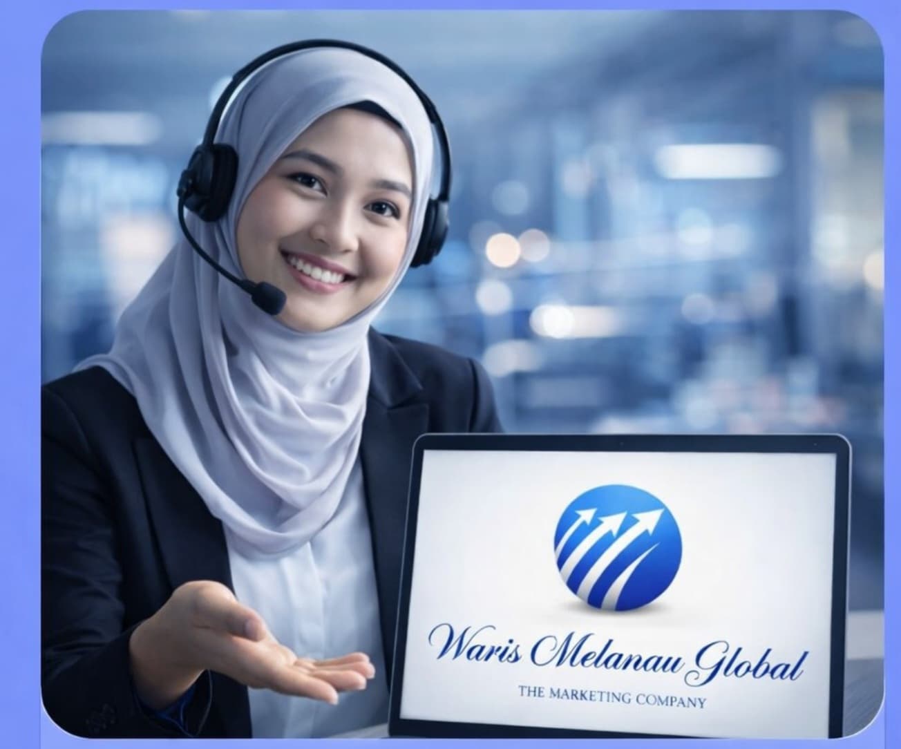 Smiling woman in hijab with headset gesturing toward a laptop showing Waris Melanau Global logo.