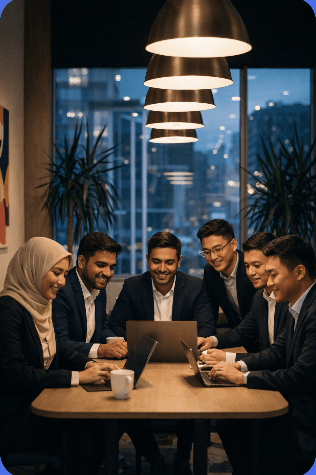 Diverse group of business professionals collaborating on laptops in a modern office at night.