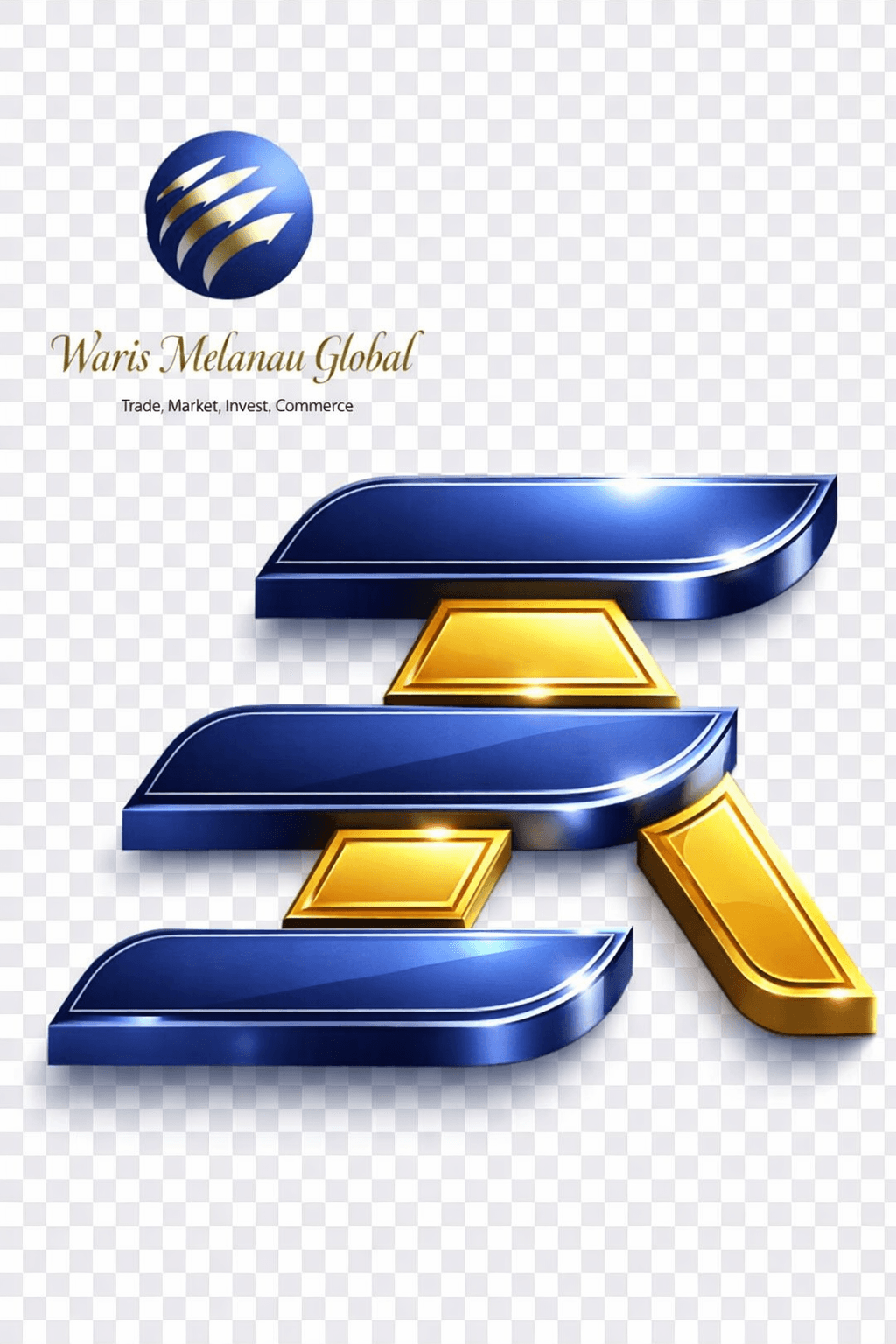3D blue and gold geometric logo for Waris Melanau Global trade, market, invest, and commerce.