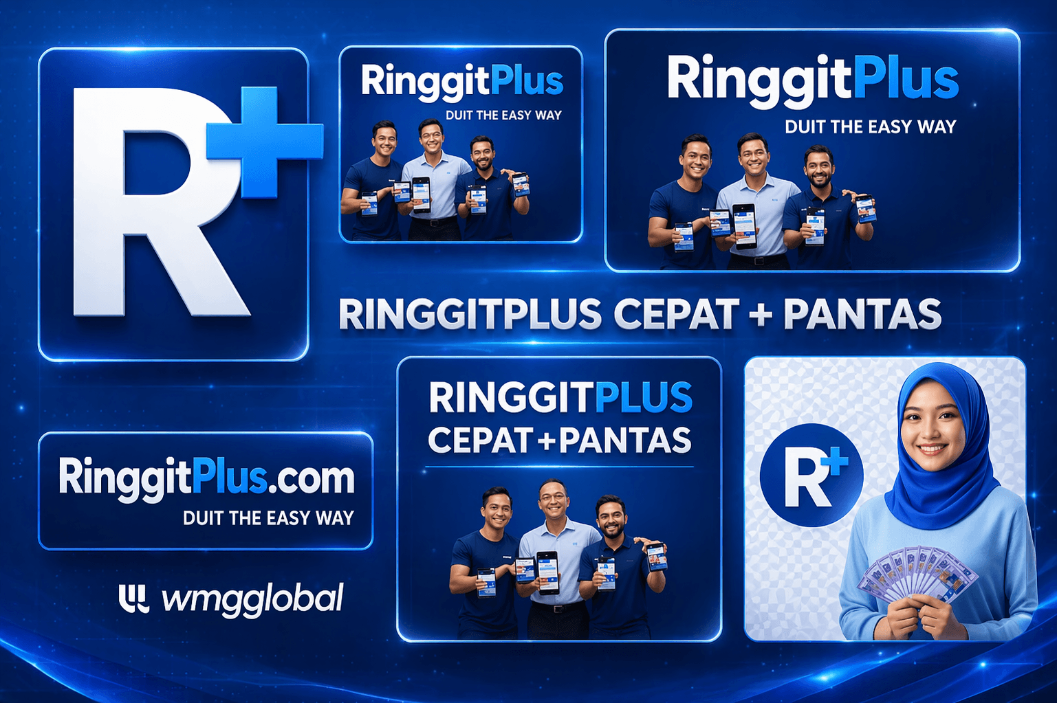 RinggitPlus branding collage featuring people holding smartphones and cash on a glowing blue background.