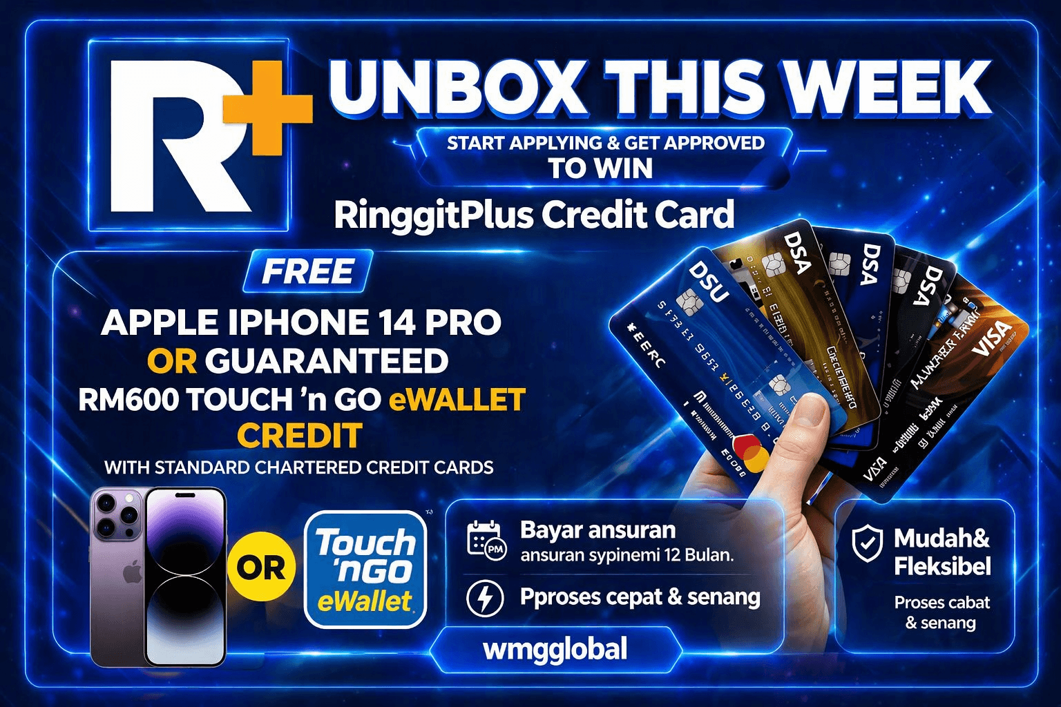 RinggitPlus credit card promotion offering a free iPhone 14 Pro or RM600 eWallet credit.