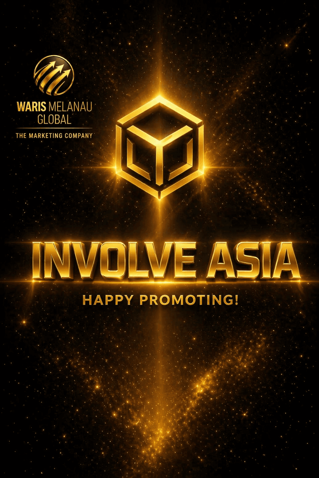 Glowing golden Involve Asia logo and text on a dark, shimmering, gold-flecked background.