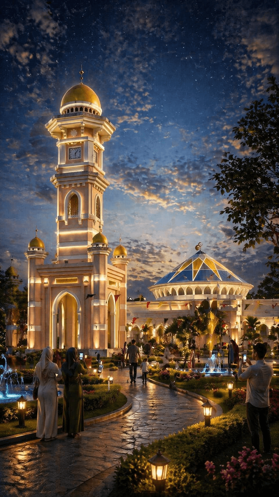 Illuminated clock tower and domed building in a park at twilight with people strolling.