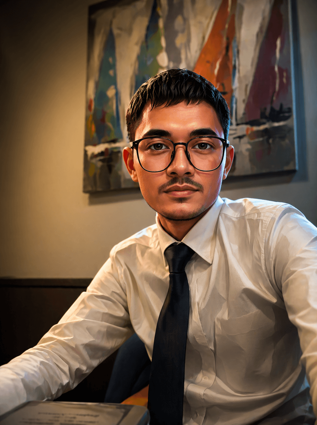 Young man with glasses and a mustache sitting in front of an abstract painting.