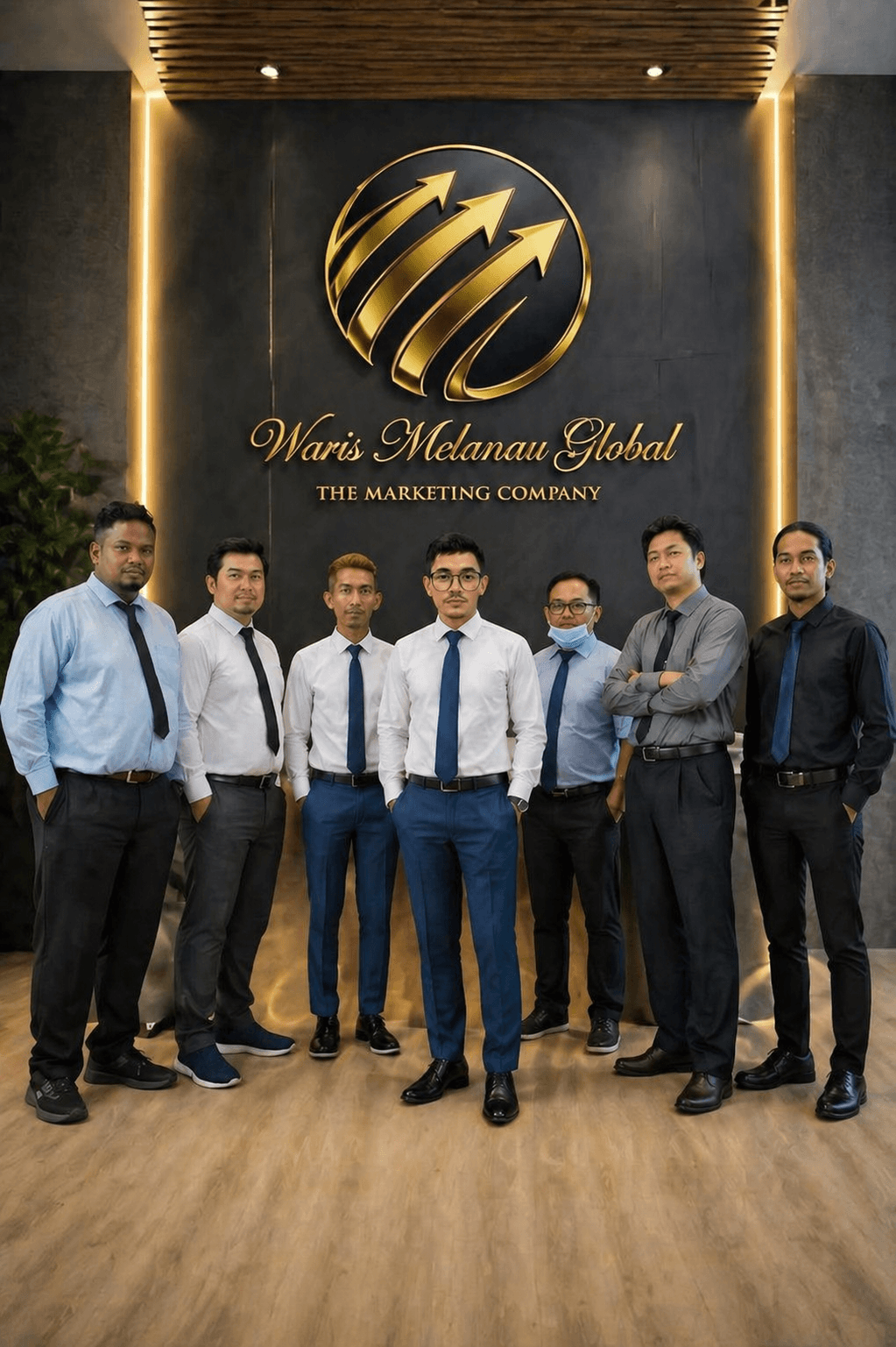 Seven men in business attire standing before a Waris Melanau Global marketing company logo.