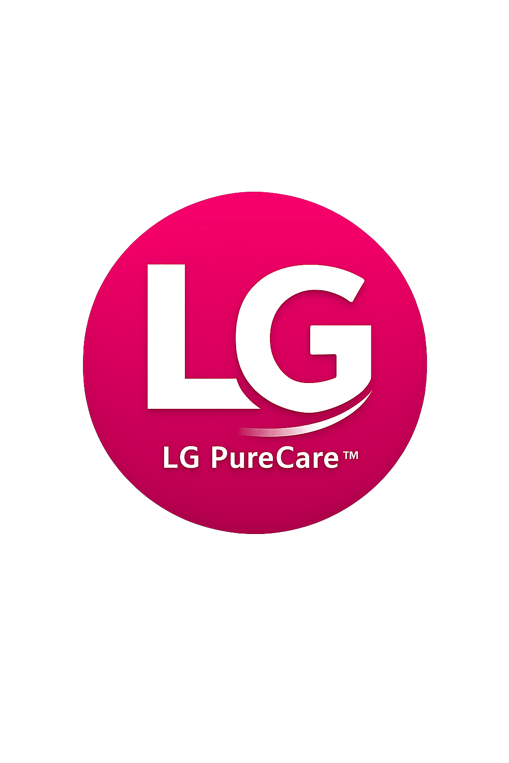 LG PureCare logo featuring white letters in a pink circle against a solid black background.