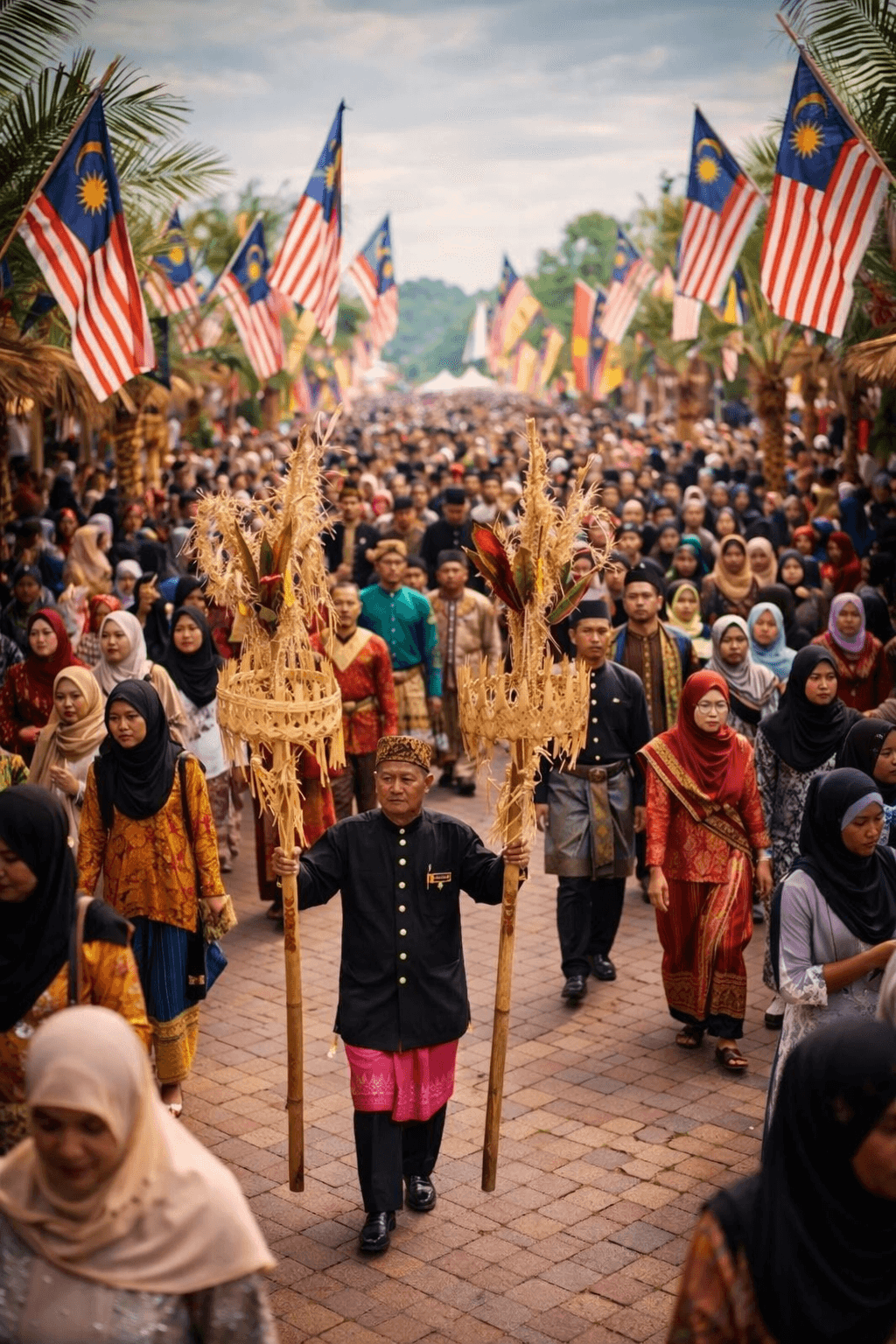 A man carries ceremonial poles during a Malaysian parade with crowds and national flags.