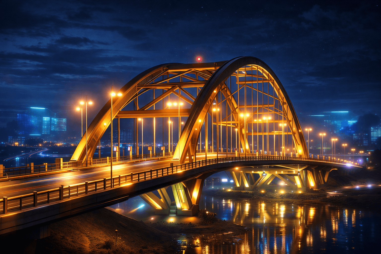 Golden arch bridge illuminated at night over a river with city lights and starry sky.